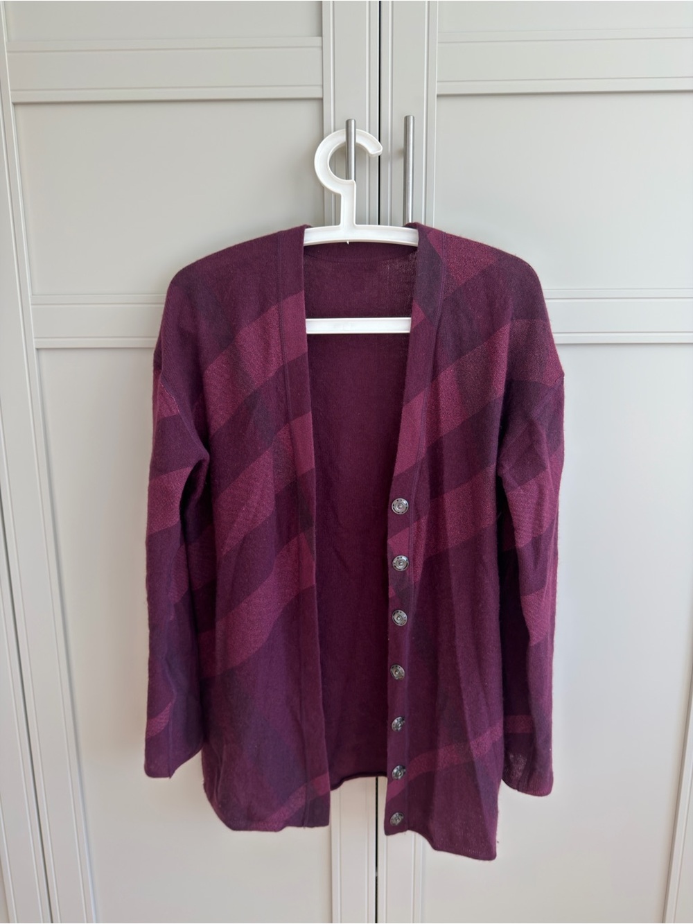 Burberry Plum Plaid Button-Up Cardigan